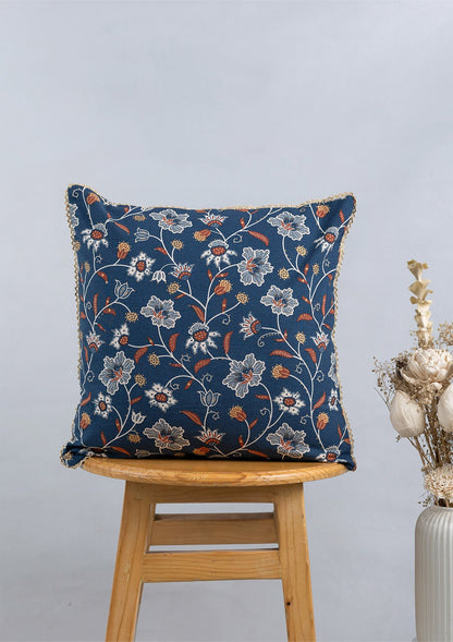 Leher 100% Cotton Gold printed Indigo & Red Cushion Cover - 16"