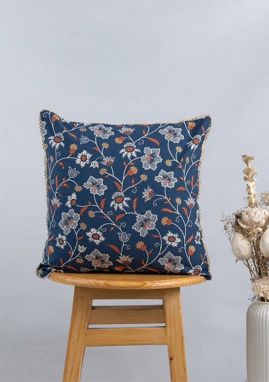 Leher 100% Cotton Gold printed Indigo & Red Cushion Cover - 16"