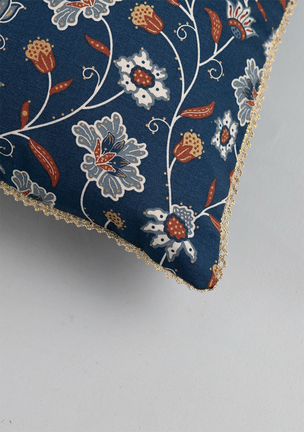 Leher 100% Cotton Gold printed Indigo & Red Cushion Cover - 16"