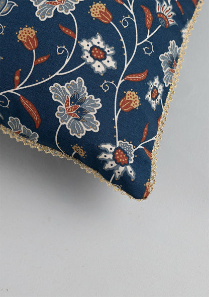 Leher 100% Cotton Gold printed Indigo & Red Cushion Cover - 16"