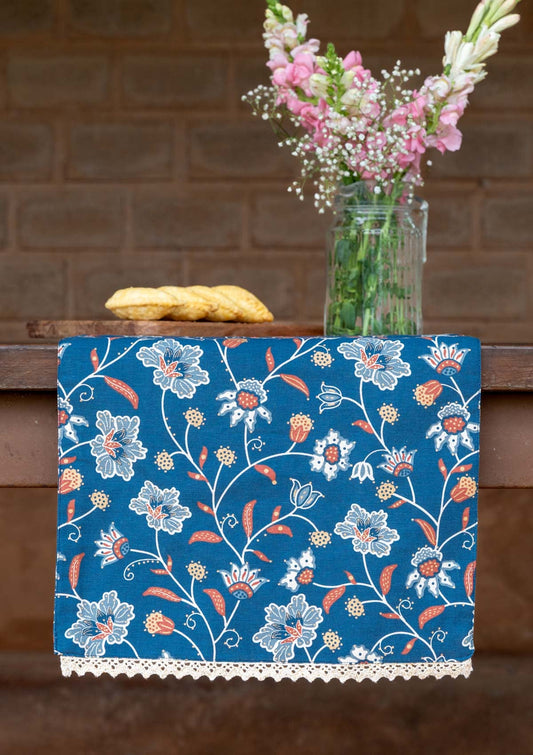 Leher 100% Cotton Gold printed Indigo & Red Table Runner