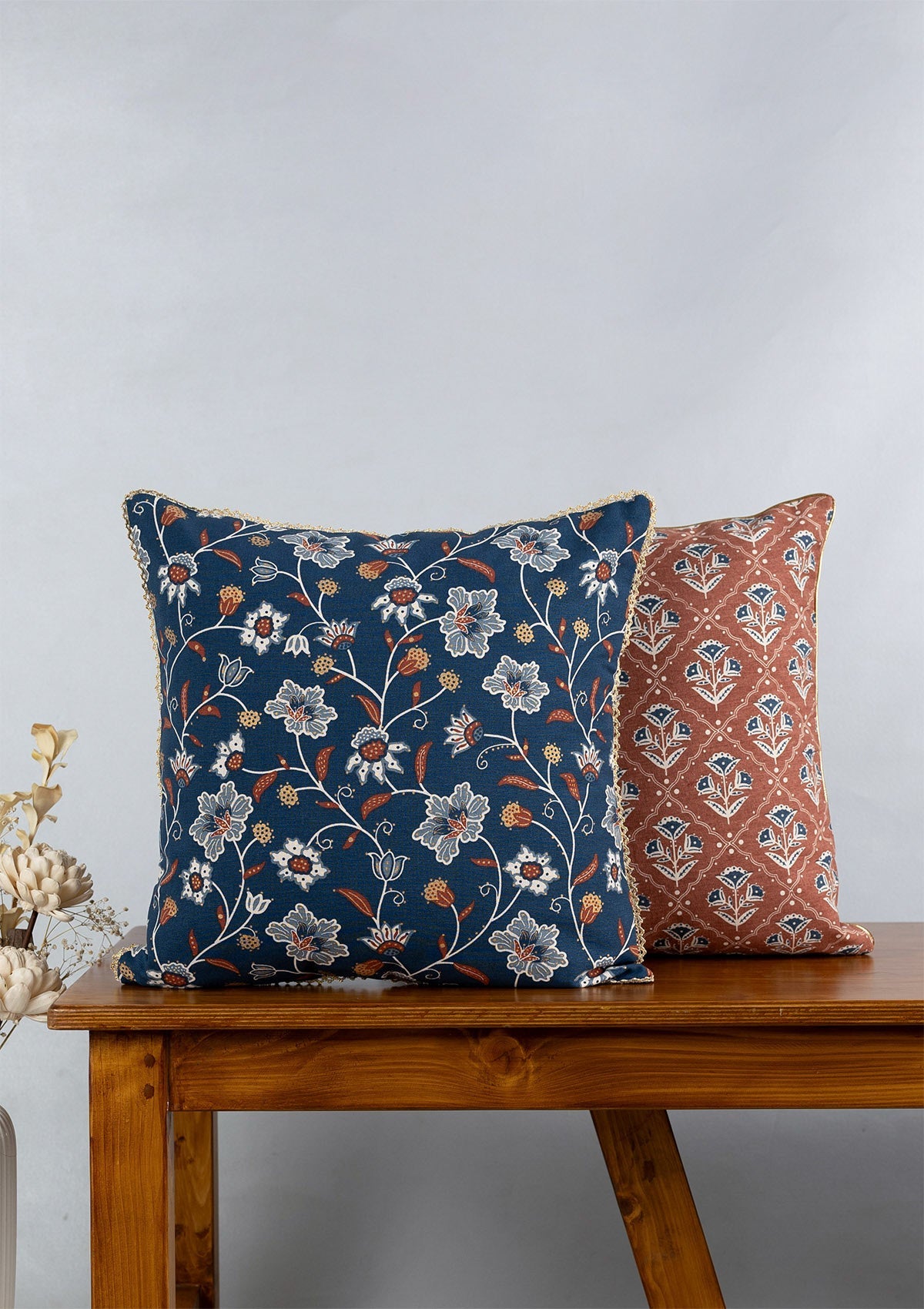 Leher Gold printed & Mani Printed  100% Cotton Cushion Covers for Sofa - Indigo and Red - Pack of 2