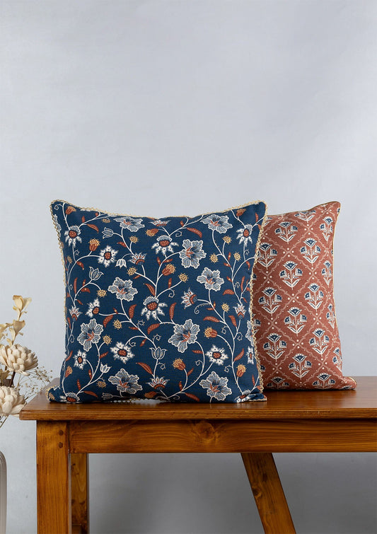 Leher Gold printed & Mani Printed  100% Cotton Cushion Covers for Sofa - Indigo and Red - Pack of 2