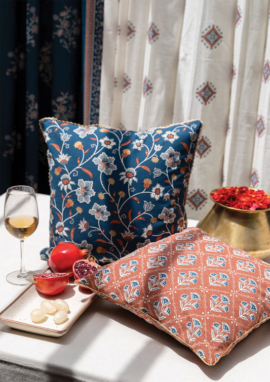 Leher Gold printed & Mani Printed 100% Cotton Cushion Covers for Sofa - Indigo and Red - Pack of 2