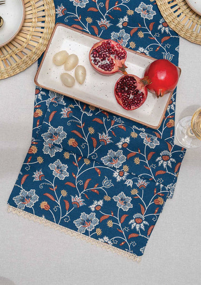 Leher 100% Cotton Gold printed Indigo & Red Table Runner