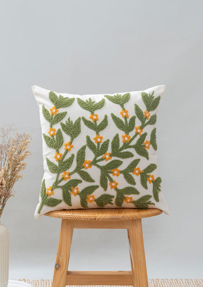 Lush 100% cotton embroidered floral cushion cover for sofa - Green