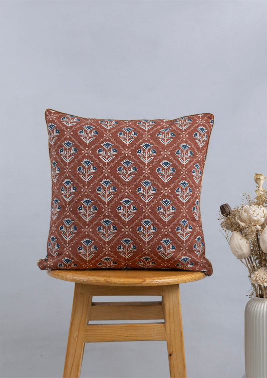 Mani 100% Cotton Printed Indigo & Red Cushion Cover - 16"