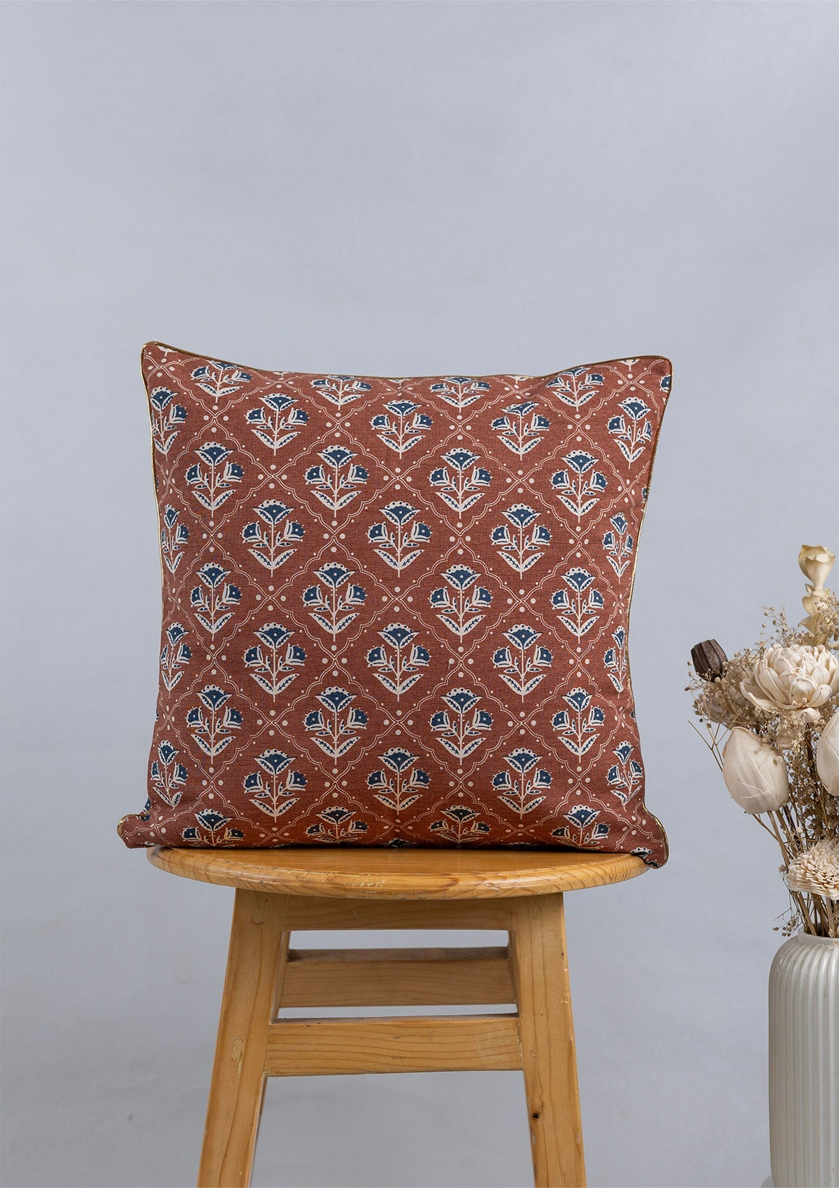 Leher Gold printed & Mani Printed  100% Cotton Cushion Covers for Sofa - Indigo and Red - Pack of 2