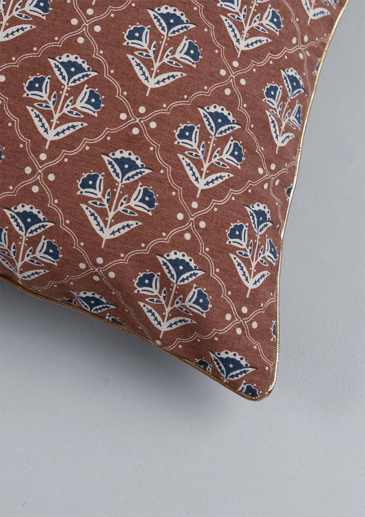 Mani 100% Cotton Printed Indigo & Red Cushion Cover - 16"