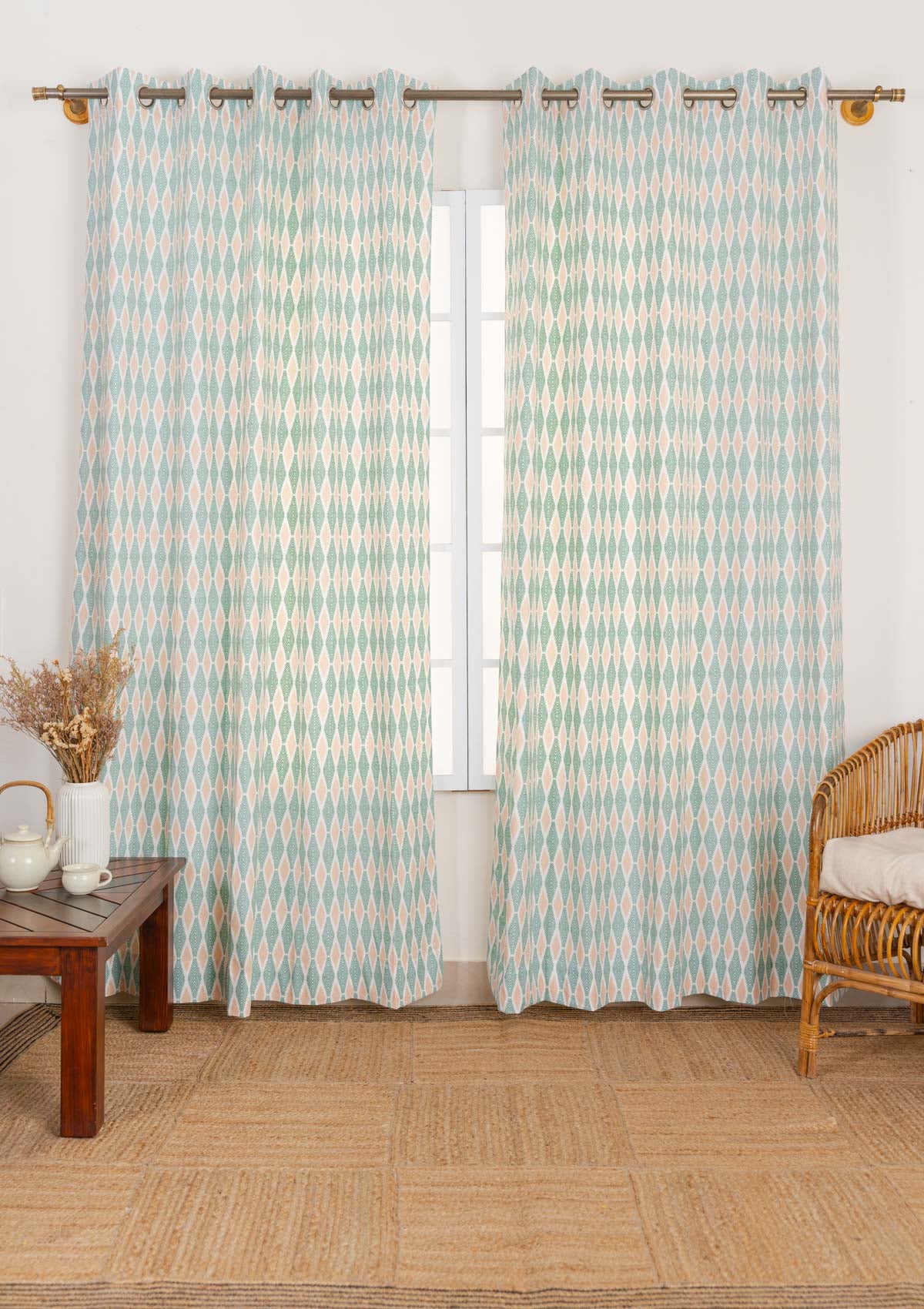 Maze 100% cotton geometric curtain for living room - Light Reduction - Sage green - Single - Single Piece