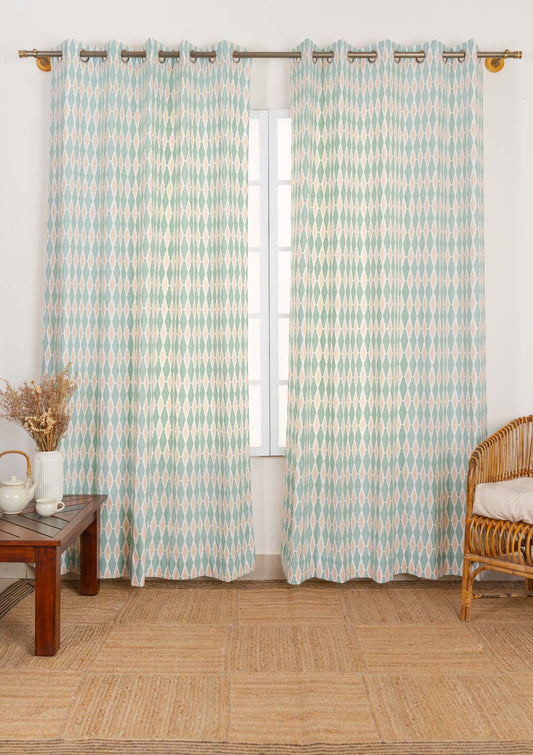 Maze 100% cotton geometric curtain for living room - Light Reduction - Sage green - Single - Single Piece