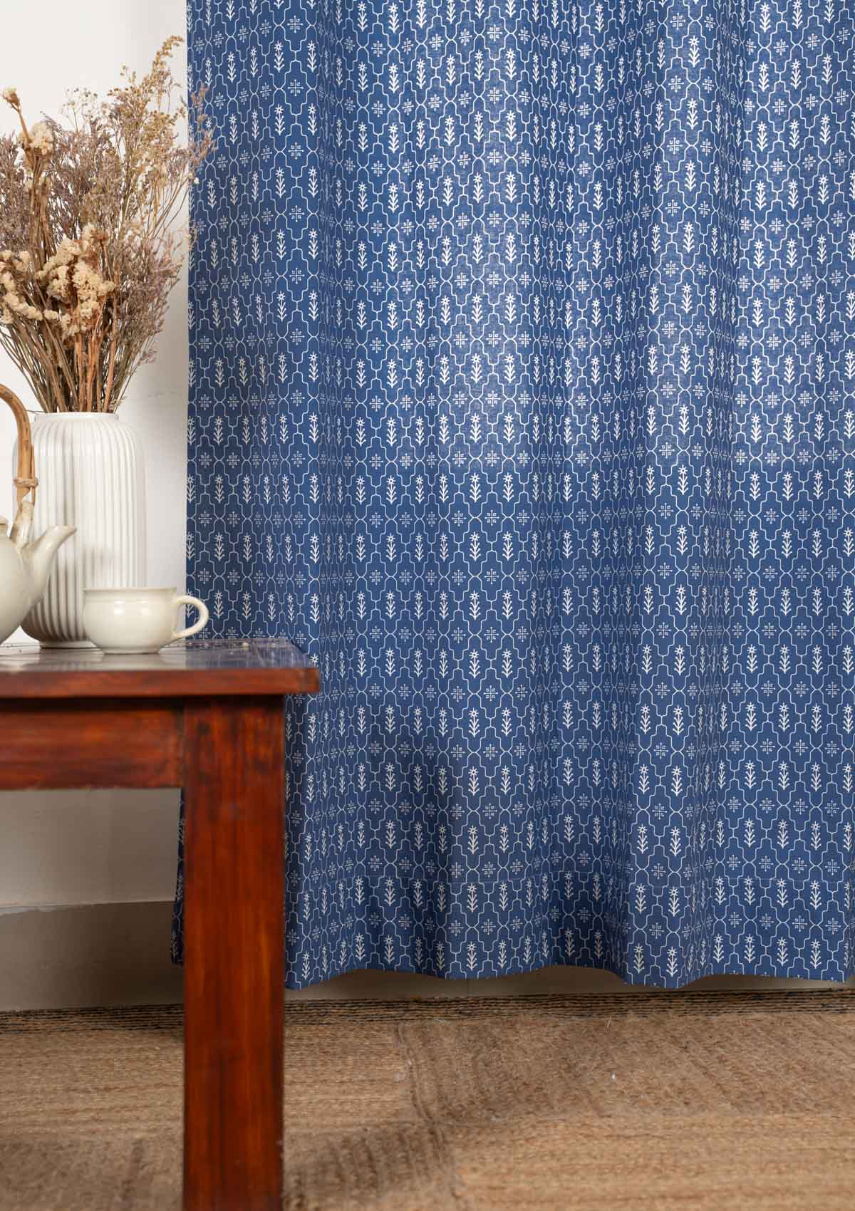 Meadows 100% cotton geometric curtain for bed room - Room darkening - Indigo - Single - Single Piece