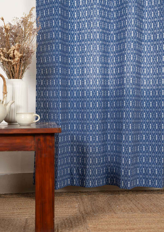 Meadows 100% cotton geometric curtain for bed room - Room darkening - Indigo - Single - Single Piece