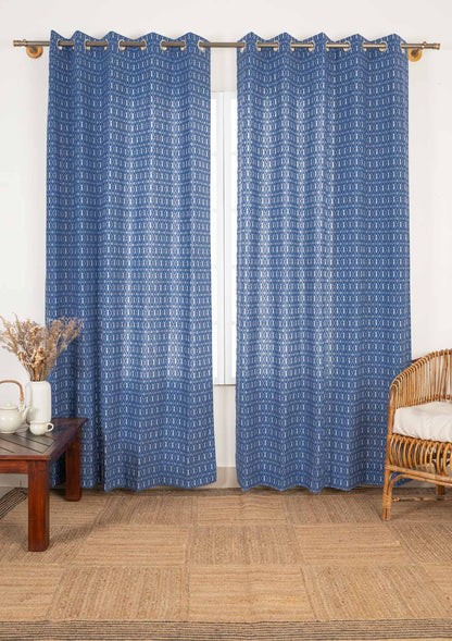Meadows 100% cotton geometric curtain for bed room - Room darkening - Indigo - Single - Single Piece