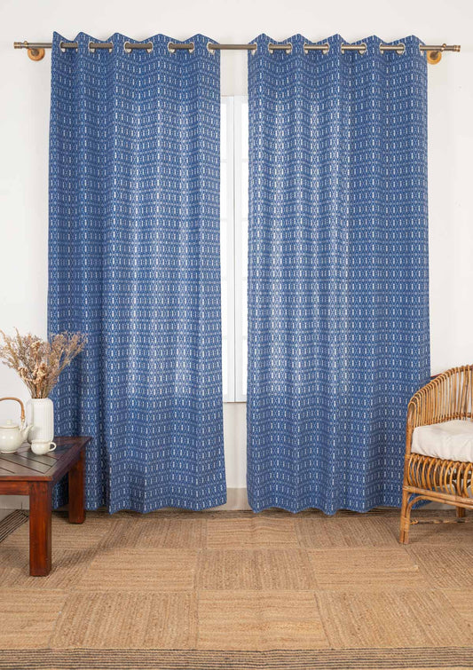 Meadows 100% cotton geometric curtain for bed room - Room darkening - Indigo - Single - Single Piece
