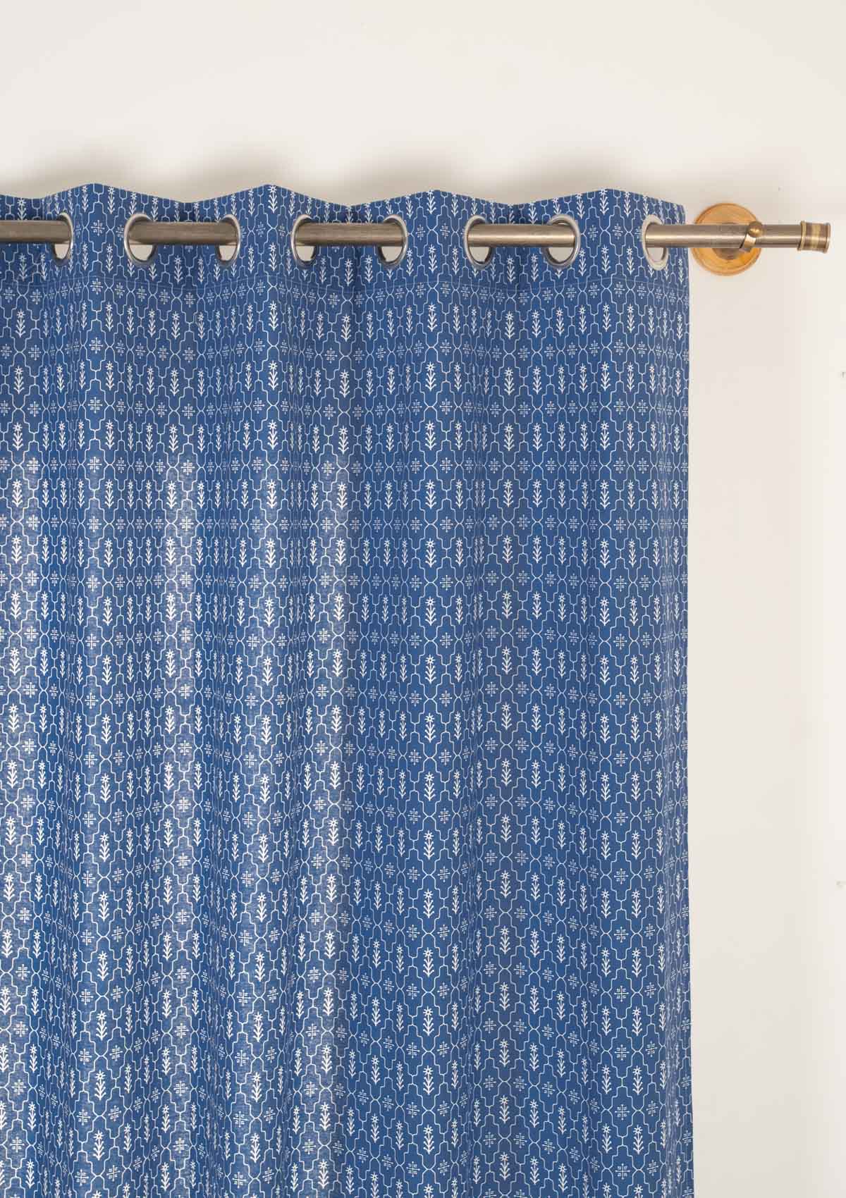 Meadows 100% cotton geometric curtain for bed room - Room darkening - Indigo - Single - Single Piece