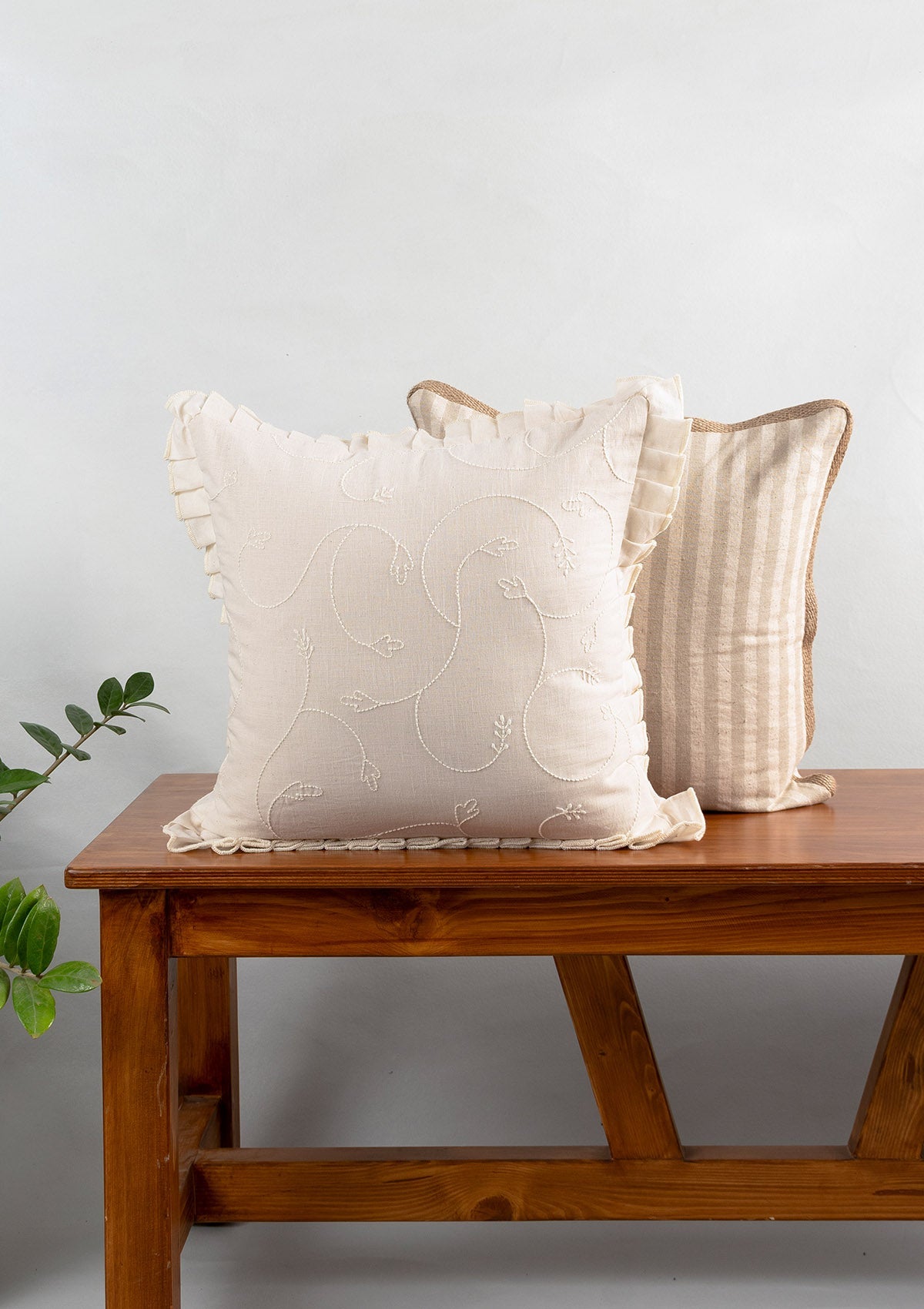 Medley Embroidered minimal design 100% Cotton Cushion Cover for Sofa - Cream