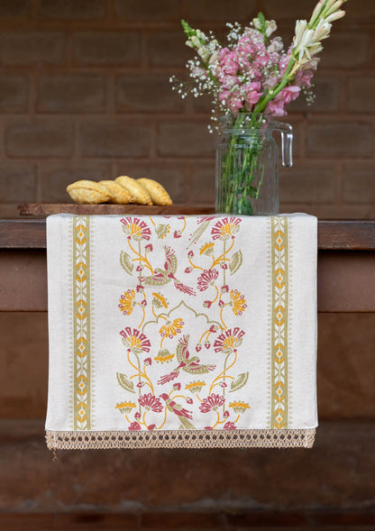 Meenakshi 100% Cotton Printed Green and PinkTable Runner