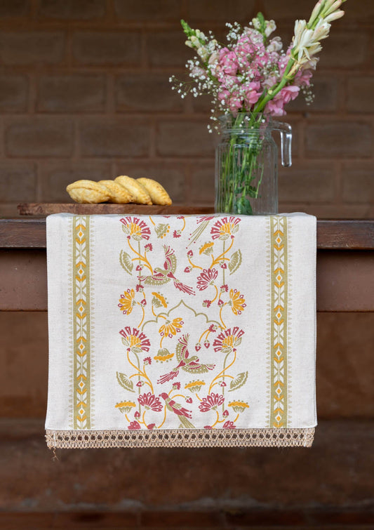 Meenakshi 100% Cotton Printed Green and PinkTable Runner