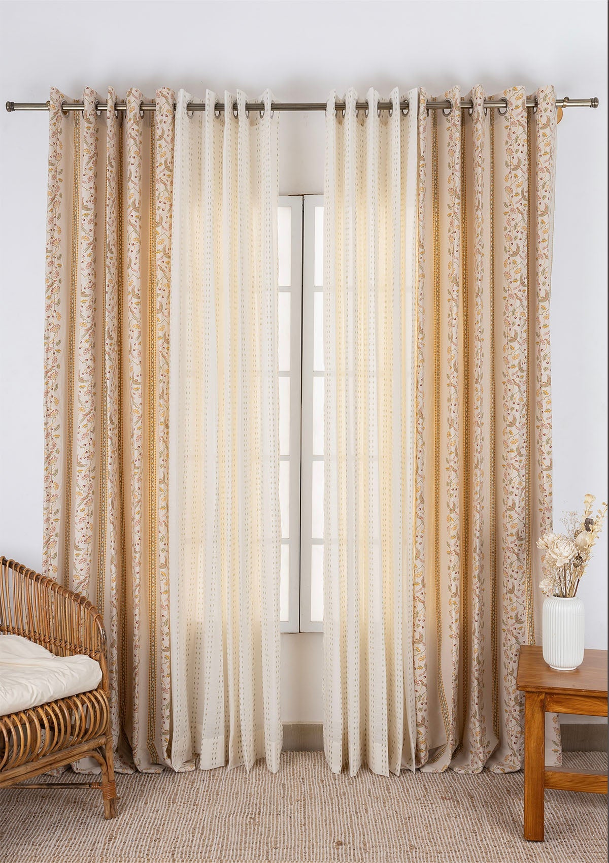 Meenakshi Printed Light Reduction Curtain & Dew Herb Cotton Minimal Design Sheer - 100% Cotton for Living Room & Bedroom - Pack of 4