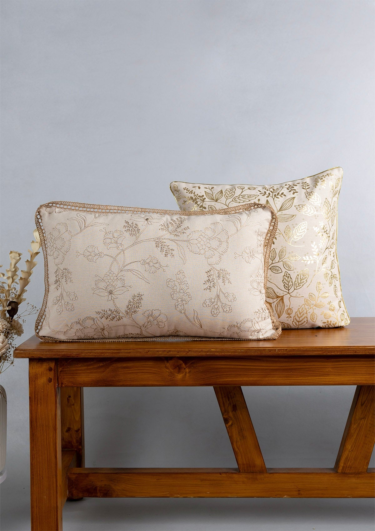 Mirra Gold Printed & Mukta Embroidered 100% Cotton Cushion Covers for Sofa - Beige and Brown  - Pack of 2