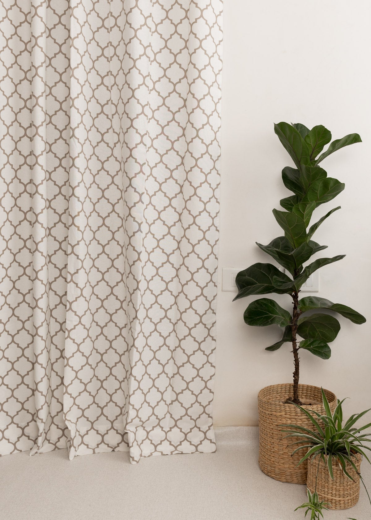 Trellis Printed Walnut Grey 100% cotton geometric curtain for bed room - Light Reduction - Single Piece