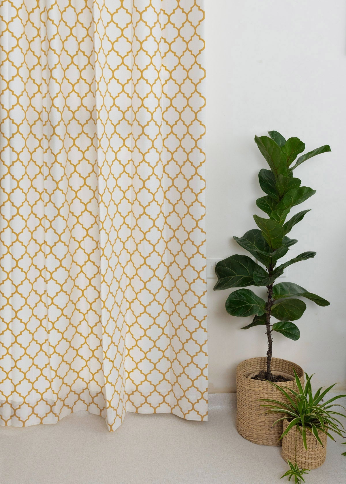 Trellis Printed Mustard 100% cotton geometric curtain for bed room - Light Reduction - Single Piece