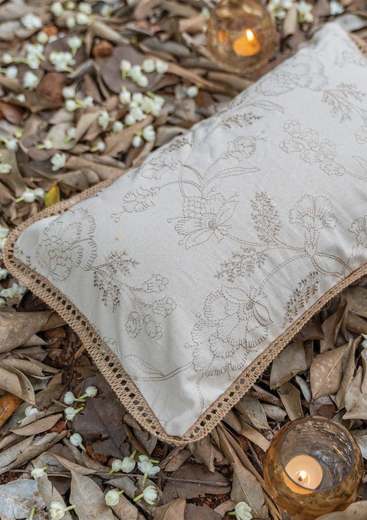 Mukta 100% Cotton Embroidered Brown & Beige Cushion Cover - 12" x 20"