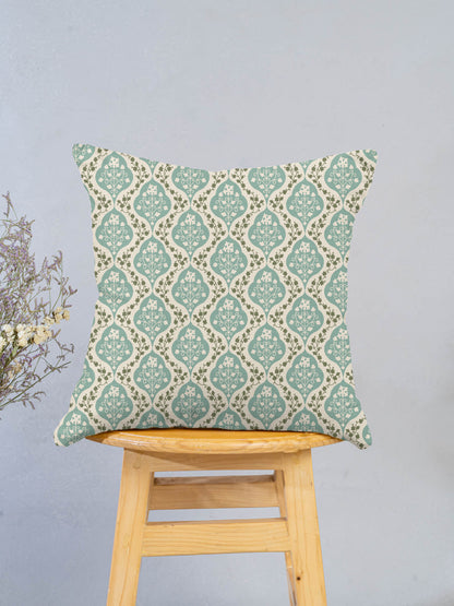 Mulbagal Geometric - Floral printed 100% Cotton Cushion Cover for Sofa - Sage Green