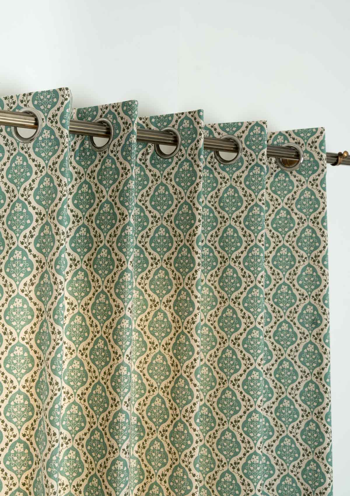 Mulbagal Geometric - Floral printed 100% Cotton Curtain for Living Room and Bedroom - Room Darkening - Sage Green - Single Piece