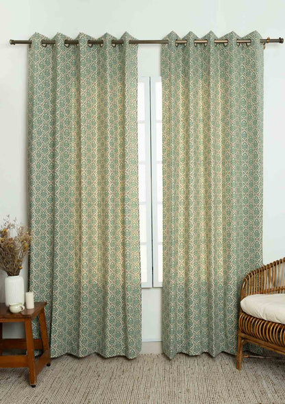 Mulbagal Geometric - Floral printed 100% Cotton Curtain for Living Room and Bedroom - Room Darkening - Sage Green - Single Piece