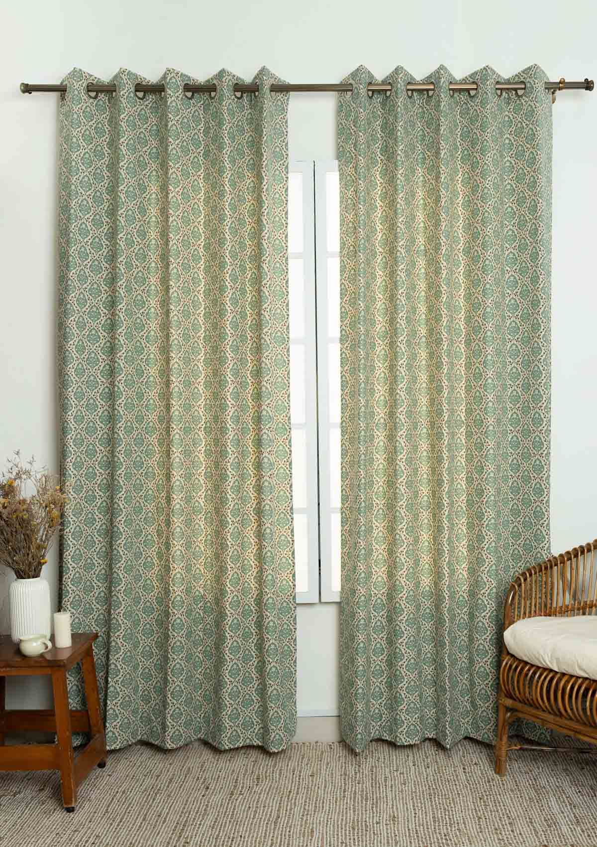 Mulbagal Geometric - Floral printed 100% Cotton Fabric for Living Room and Bedroom - Room Darkening - Sage Green