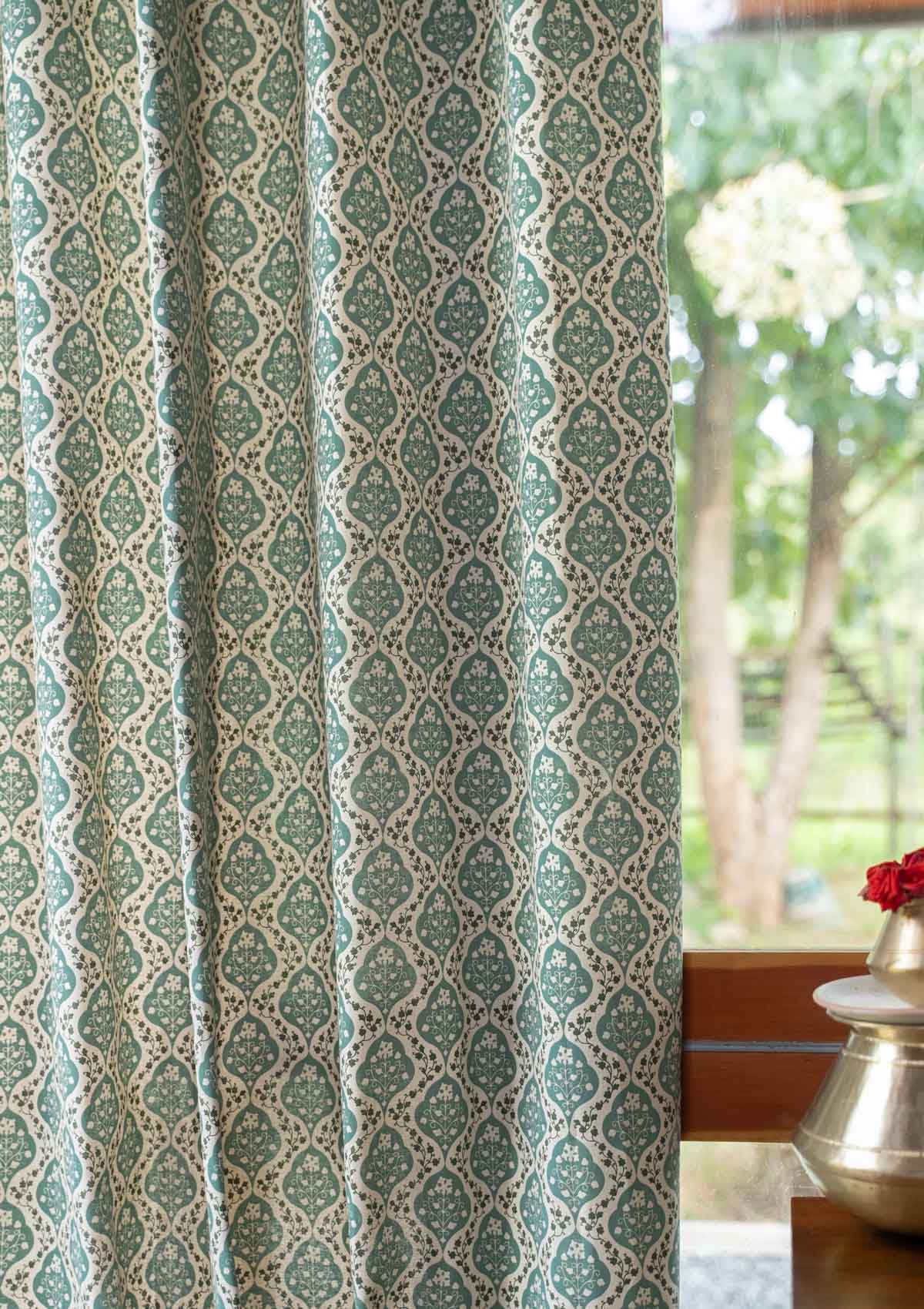 Mulbagal Geometric - Floral printed 100% Cotton Curtain for Living Room and Bedroom - Room Darkening - Sage Green - Single Piece