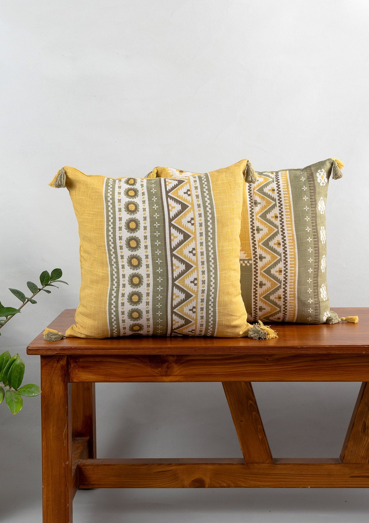 Nadar 100% Cotton Printed Geometric Cushion Cover for Sofa with Tassels – Yellow