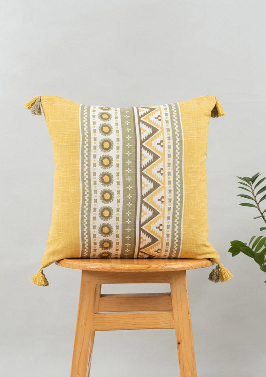 Nadar 100% Cotton Printed Geometric Cushion Cover for Sofa with Tassels – Yellow