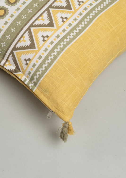 Nadar 100% Cotton Printed Geometric Cushion Cover for Sofa with Tassels – Yellow