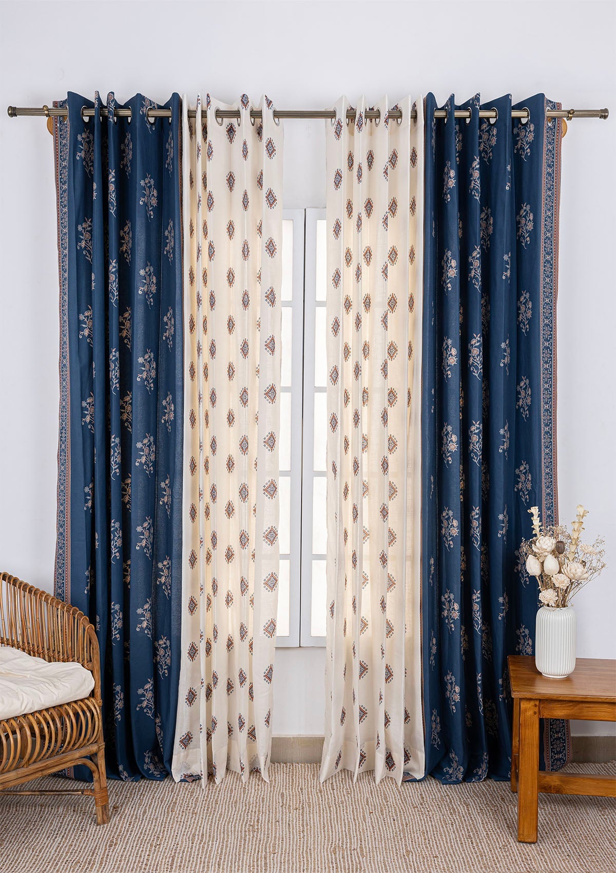 Neela Printed Room Darkening Curtain & Sapphire Textured Sheer - 100% Cotton for Living Room & Bedroom - Pack of 4