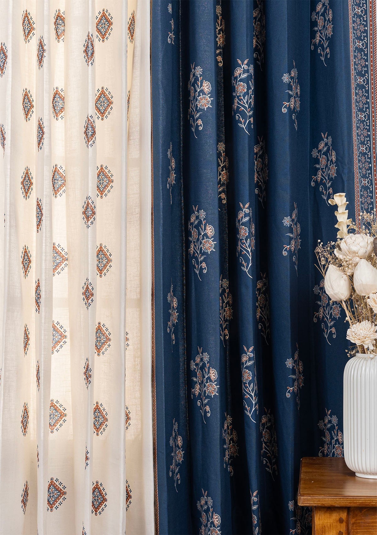 Neela Printed Room Darkening Curtain & Sapphire Textured Sheer - 100% Cotton for Living Room & Bedroom - Pack of 4