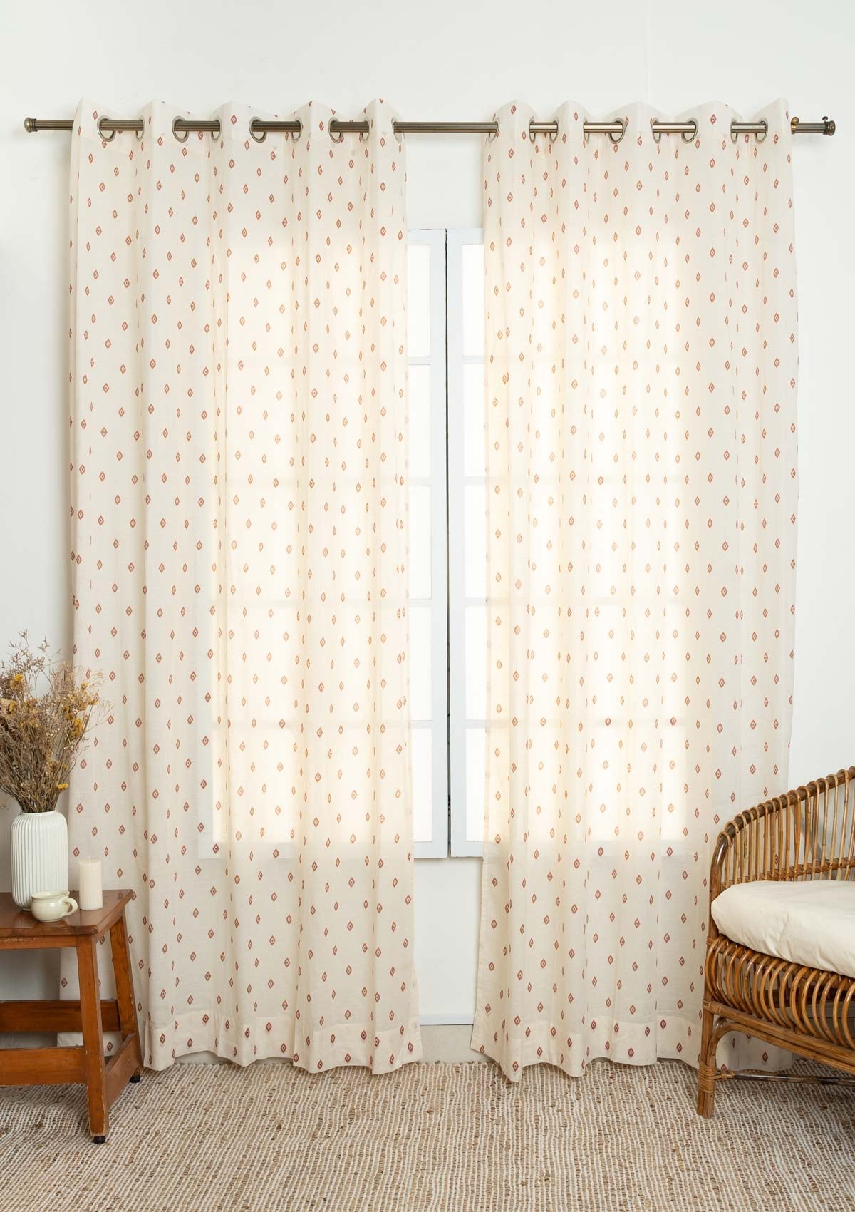 Noor Royal Blue and Brick Red minimal 100% cotton sheer curtain for living room - Light filtering - Single Piece