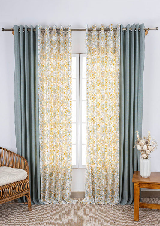 Ocean Teal Linen Plain Room Darkening Curtain & Laya Printed Sheer - 100% Cotton for Living Room & Bedroom - Pack of 4