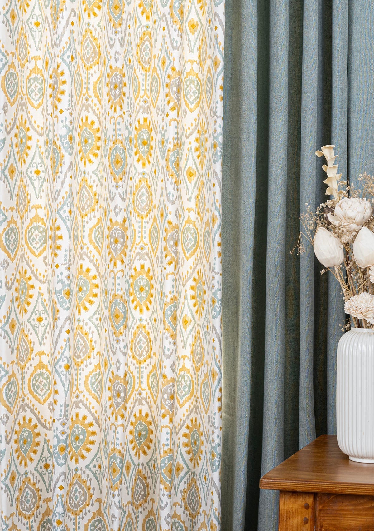 Ocean Teal Linen Plain Room Darkening Curtain & Laya Printed Sheer - 100% Cotton for Living Room & Bedroom - Pack of 4