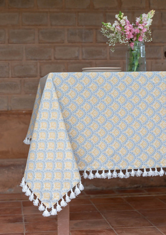 Pakkshi 100% Cotton Printed Yellow and Grey Table Cloth