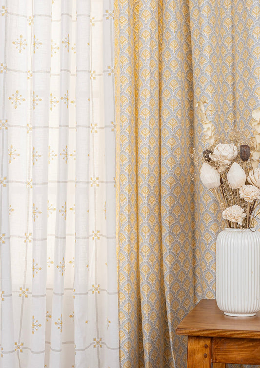 Pakkshi Printed Light Reduction Curtain & Kaanta Sheer - 100% Cotton for Living Room & Bedroom - Pack of 4