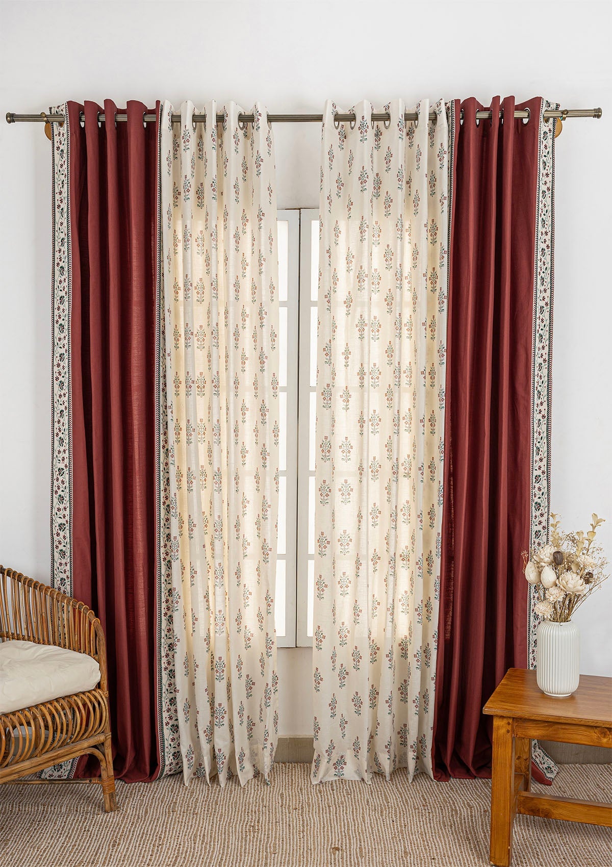 Kadamba Crimson Red Room Darkening Curtain & Palash Printed Sheer - 100% Cotton for Living Room & Bedroom - Pack of 4