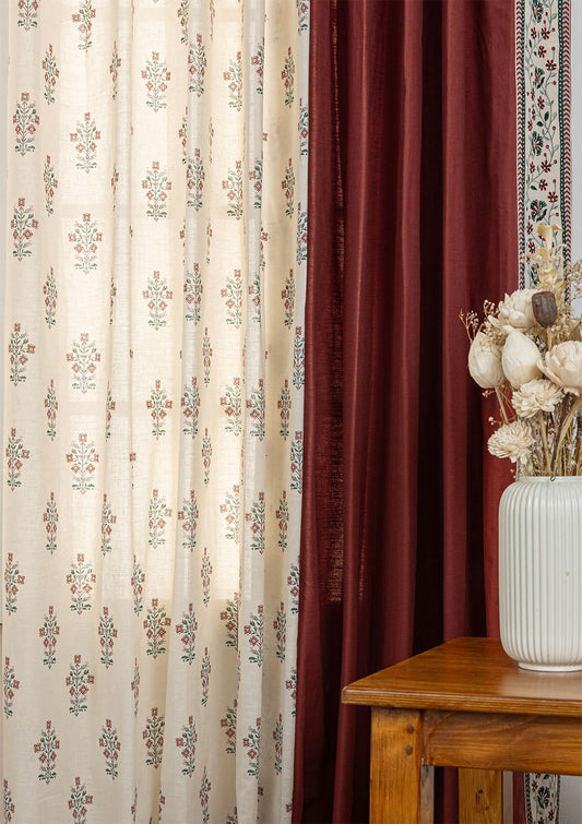 Kadamba Crimson Red Room Darkening Curtain & Palash Printed Sheer - 100% Cotton for Living Room & Bedroom - Pack of 4