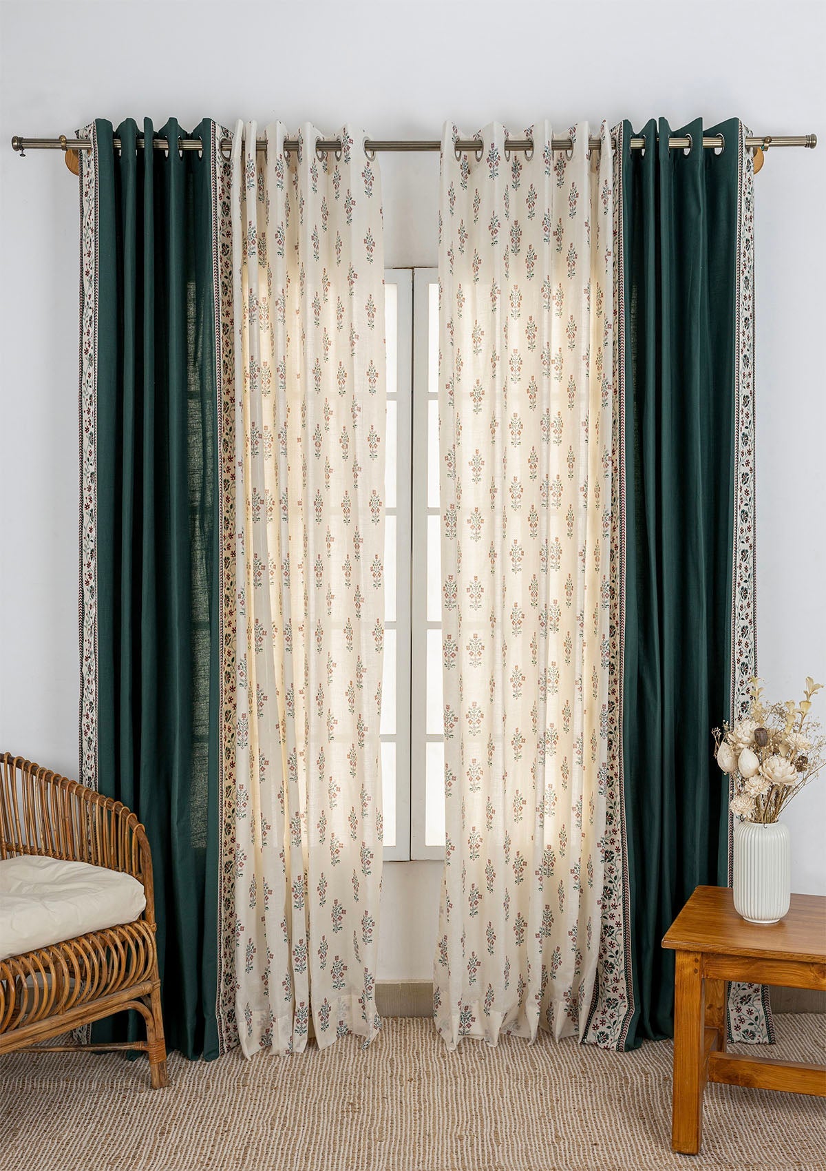 Kadamba Jade Green Plain Room Darkening Curtain & Palash Printed Sheer - 100% Cotton for Living Room & Bedroom - Pack of 4