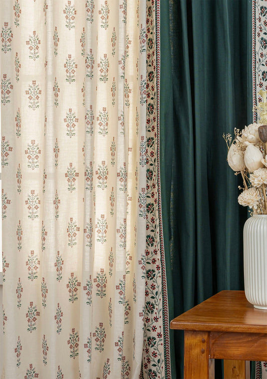 Kadamba Jade Green Plain Room Darkening Curtain & Palash Printed Sheer - 100% Cotton for Living Room & Bedroom - Pack of 4