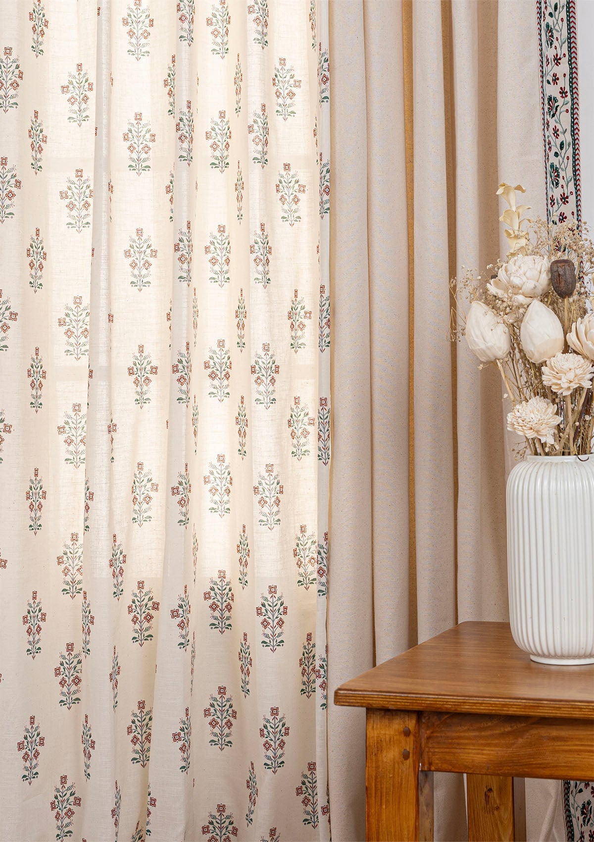 Kadamba Beige Plain Room Darkening Curtain & Palash Printed Sheer - 100% Cotton for Living Room & Bedroom - Pack of 4