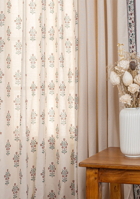 Kadamba Beige Plain Room Darkening Curtain & Palash Printed Sheer - 100% Cotton for Living Room & Bedroom - Pack of 4