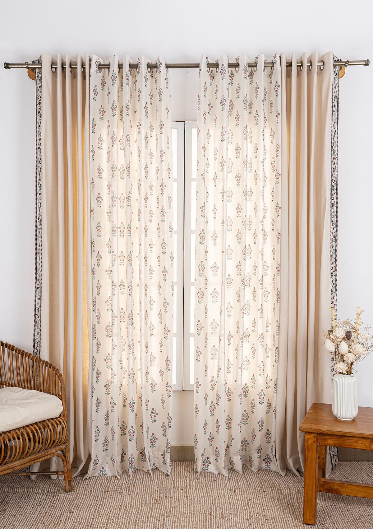 Kadamba Beige Plain Room Darkening Curtain & Palash Printed Sheer - 100% Cotton for Living Room & Bedroom - Pack of 4